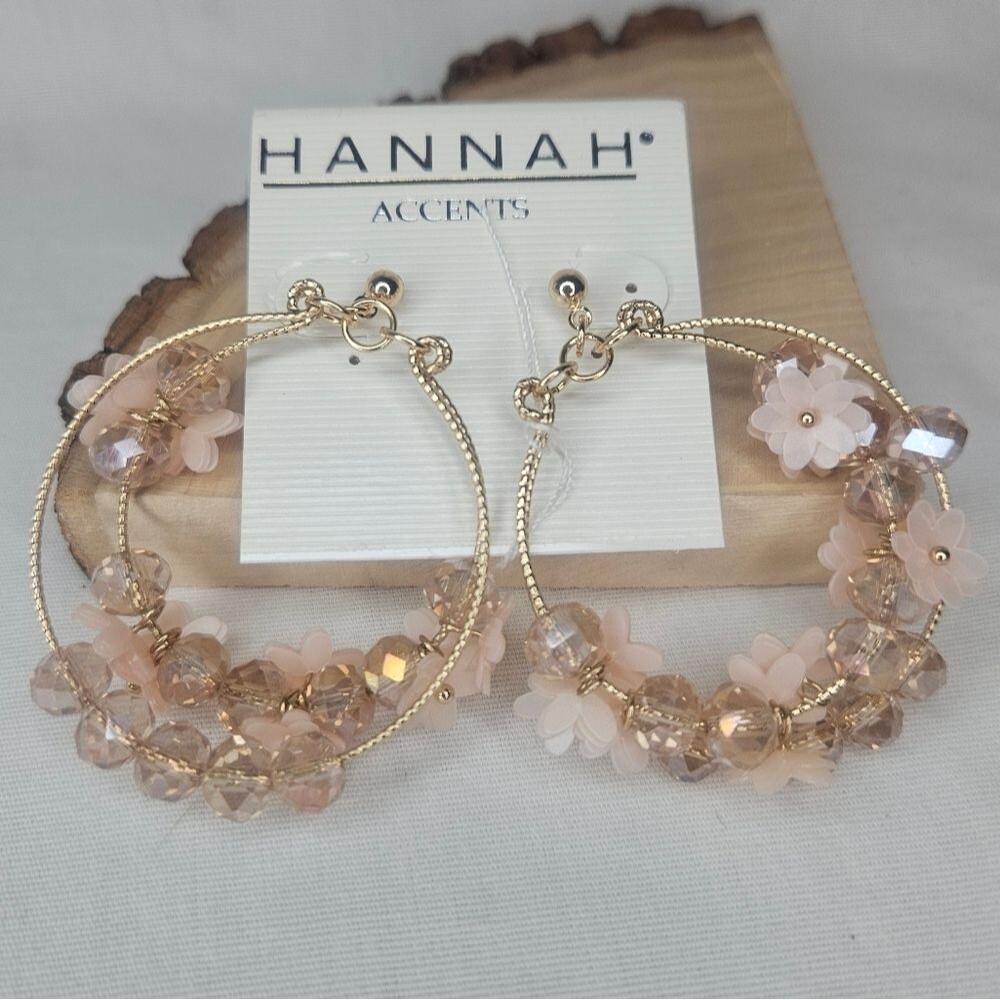 Hannah Accents Pink And Taupe Hoop Dangle Flower Crystal Earrings NWT
